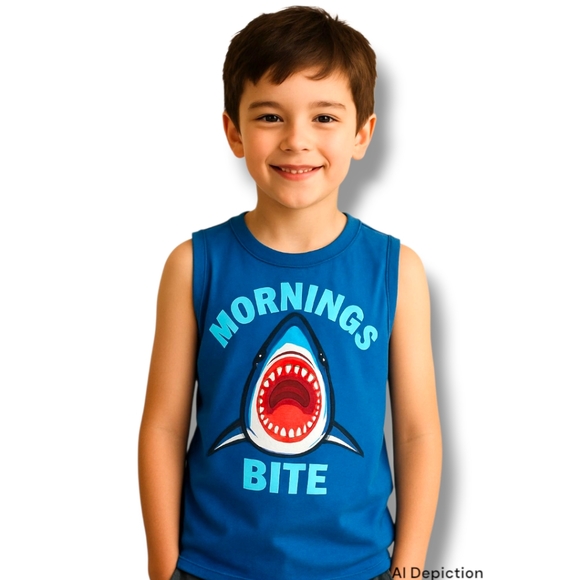 Boys Sleeveless Shark T-shirt - Mornings Bite - Medium 7/8 - Picture 1 of 6
